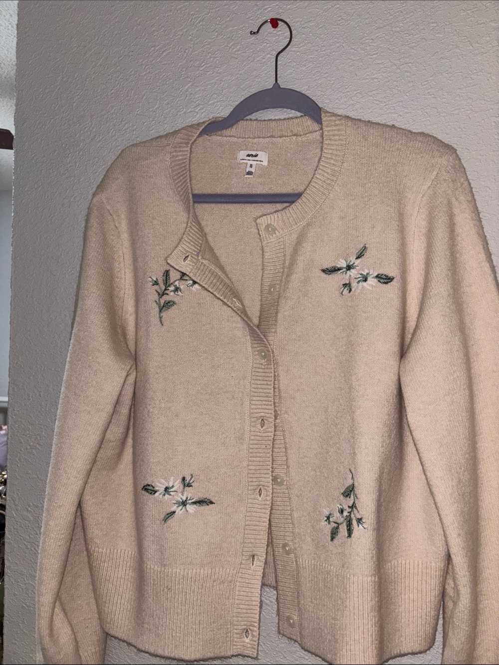Aerie Cream Cardigan with Green Floral Embroidery
